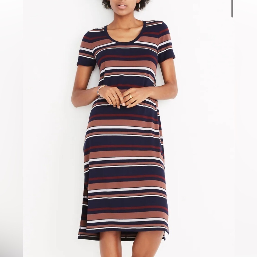 Madewell Navy, Brown & Cream Striped Midi Dress